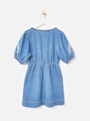 Oliver Bonas Blue Floral Embroidered V-Neck Denim Mini Dress - Image 2 of 5