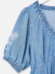 Oliver Bonas Blue Floral Embroidered V-Neck Denim Mini Dress - Image 3 of 5