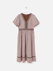 Oliver Bonas Brown Striped Seersucker Puff Sleeve Midi Dress - Image 1 of 5
