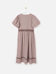 Oliver Bonas Brown Striped Seersucker Puff Sleeve Midi Dress - Image 2 of 5