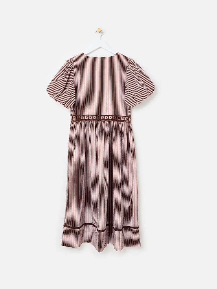 Oliver Bonas Brown Striped Seersucker Puff Sleeve Midi Dress - Image 2 of 5