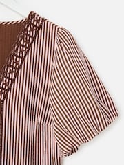 Oliver Bonas Brown Striped Seersucker Puff Sleeve Midi Dress - Image 4 of 5