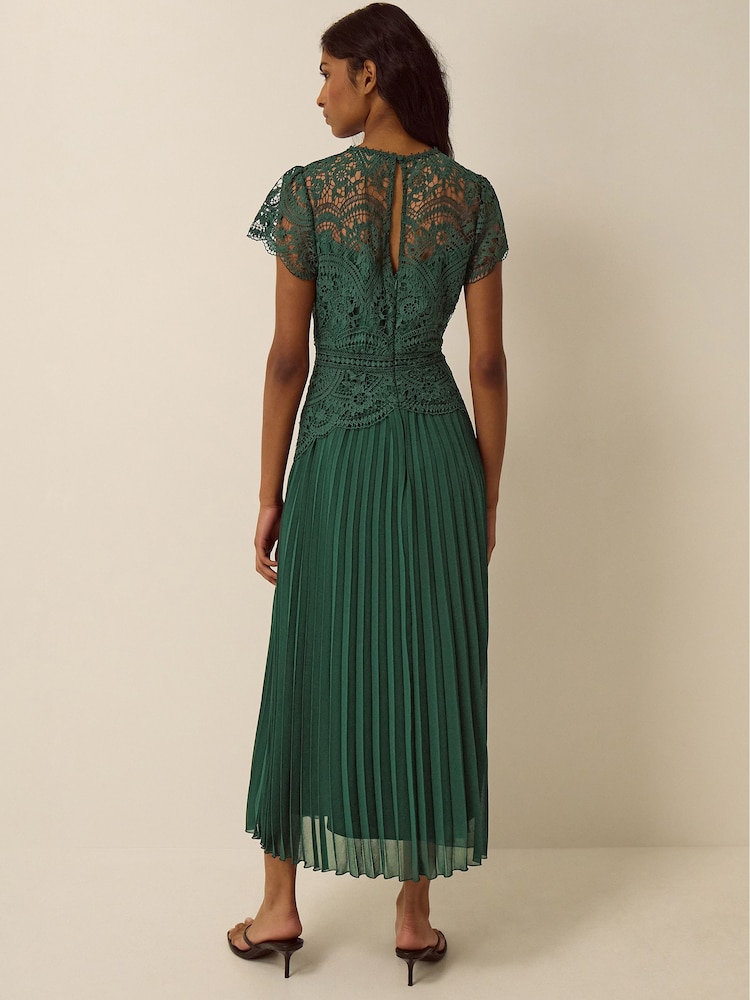 Monsoon Green Mila Lace Pleated Midi Dress - Image 2 of 5 Monsoon Green Mila Lace Pleated Midi Dress - Image 2 of 5