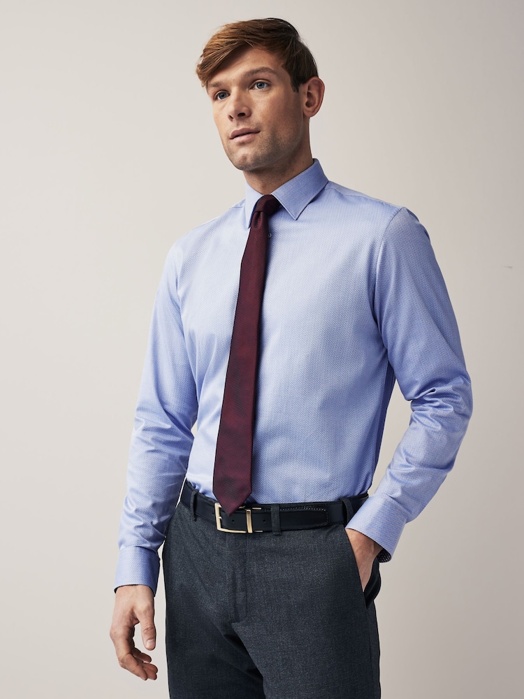 Light Blue/Burgundy Red Textured Regular Fit Single Cuff Shirt And Tie Pack - Image 1 of 8