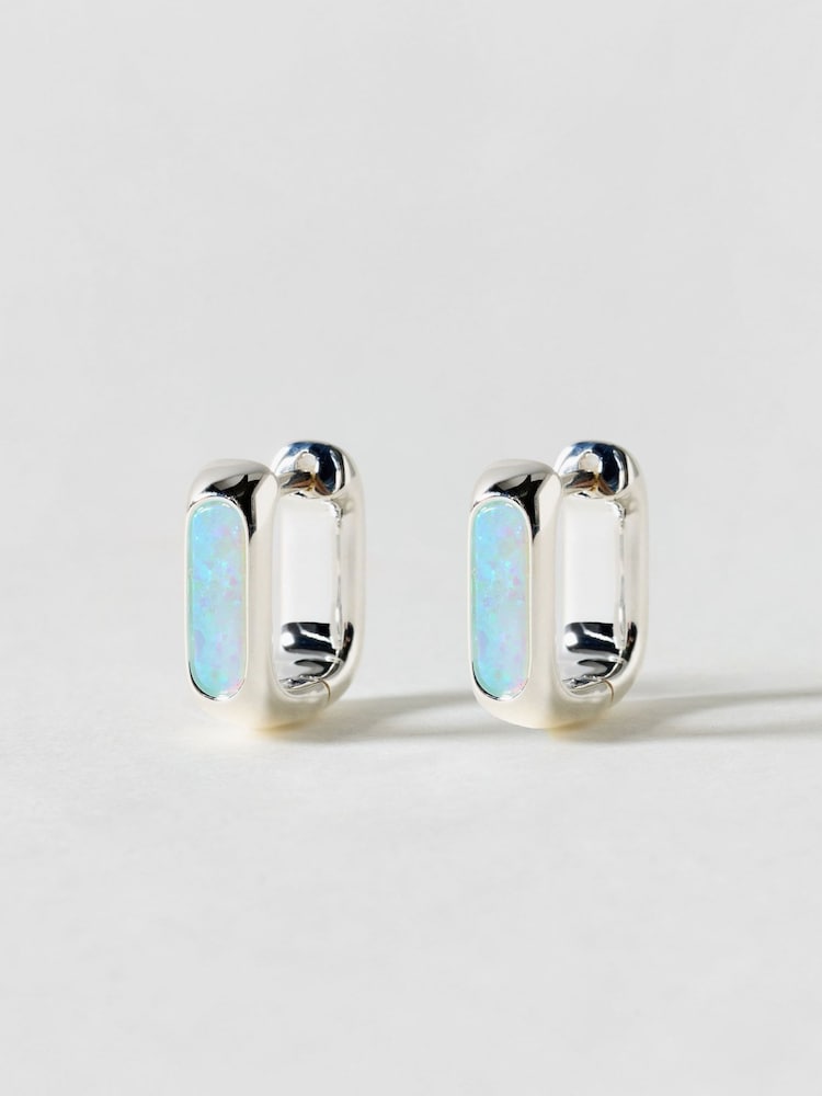 Oliver Bonas Silver Tone Ava Opalite Inlay Square Shaped Clicker Hoop Earrings - Image 1 of 2 Oliver Bonas Silver Tone Ava Opalite Inlay Square Shaped Clicker Hoop Earrings - Image 1 of 2