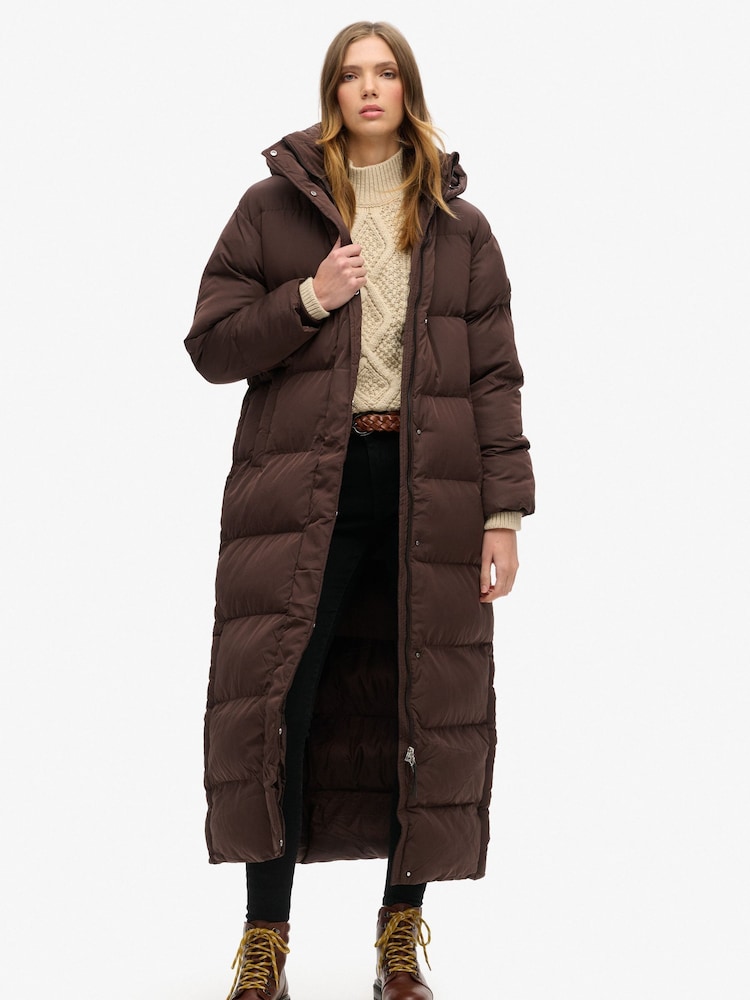 Superdry Brown 100% Cotton Maxi Hooded Puffer Coat - Image 1 of 8