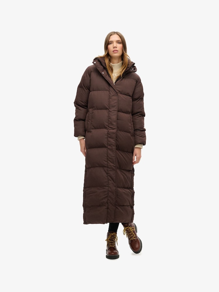 Superdry Brown 100% Cotton Maxi Hooded Puffer Coat - Image 2 of 8