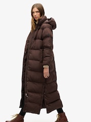 Superdry Brown 100% Cotton Maxi Hooded Puffer Coat - Image 4 of 8