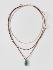 Oliver Bonas Brown Florice Fish Pendant Triple Row Cord Necklace - Image 2 of 3
