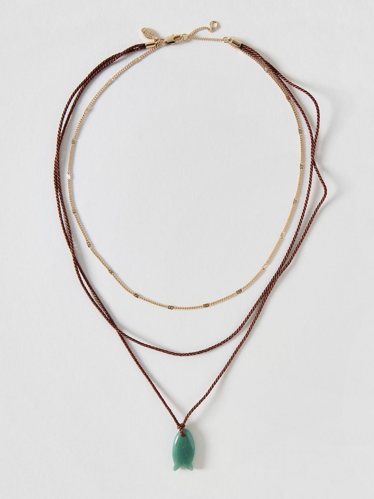 Oliver Bonas Brown Florice Fish Pendant Triple Row Cord Necklace - Image 2 of 3 Oliver Bonas Brown Florice Fish Pendant Triple Row Cord Necklace - Image 2 of 3