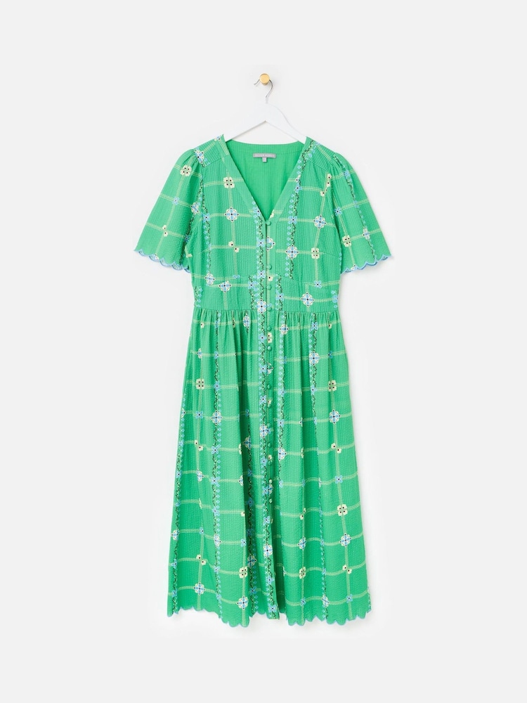 Oliver Bonas Green Floral V-Neck Short Sleeve Midi Dress - Image 1 of 5 Oliver Bonas Green Floral V-Neck Short Sleeve Midi Dress - Image 1 of 5