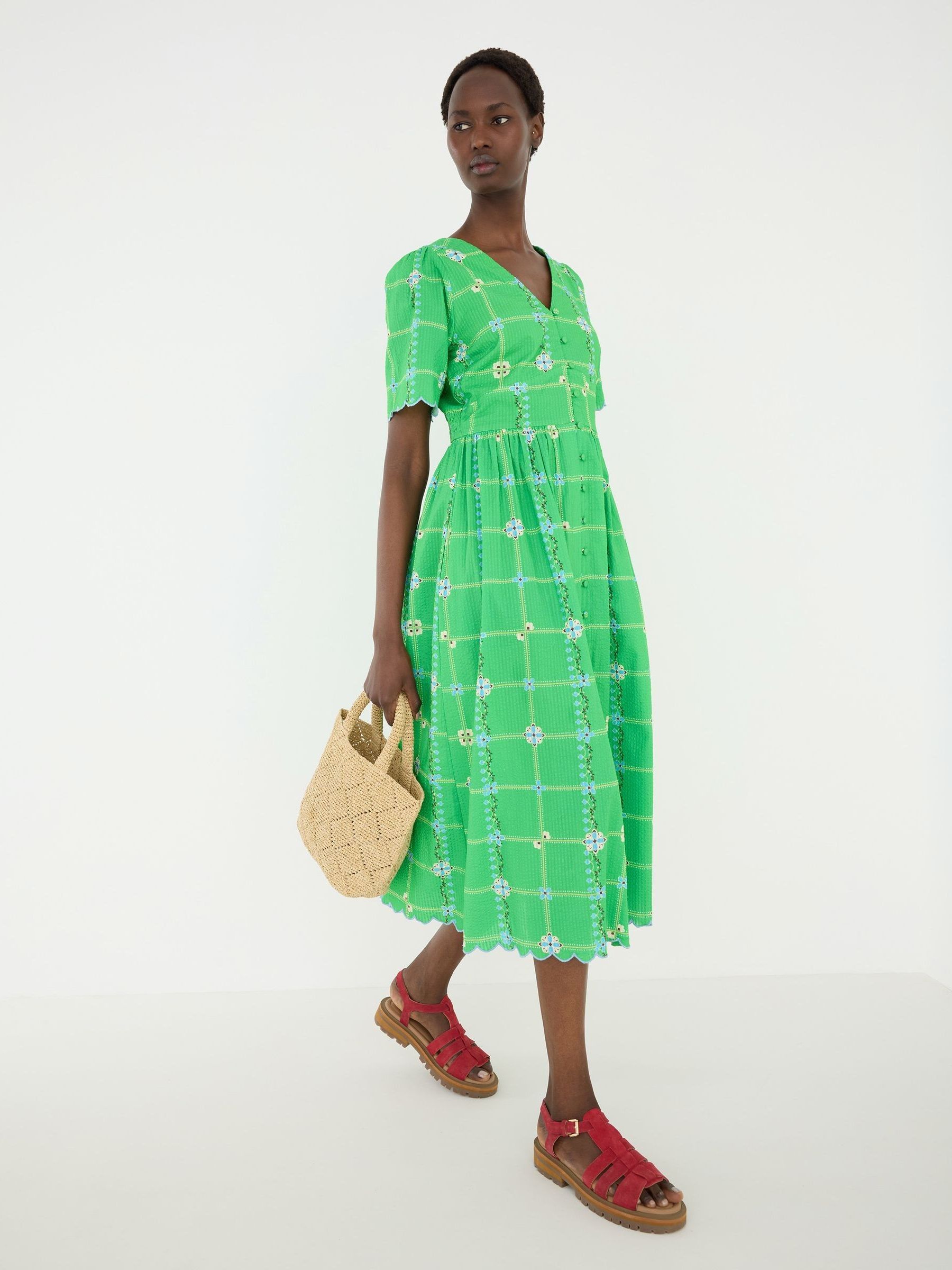 Buy Oliver Bonas Green Floral V-Neck Short Sleeve Midi Dress from