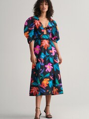 GANT Floral Print Volume Sleeve Black Midi Dress - Image 1 of 6