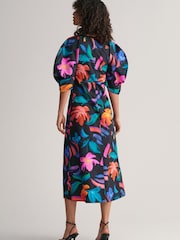 GANT Floral Print Volume Sleeve Black Midi Dress - Image 2 of 6