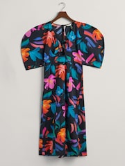 GANT Floral Print Volume Sleeve Black Midi Dress - Image 5 of 6
