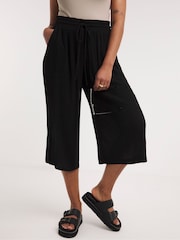 Simply Be Crinkle Tie Waist Wide Leg Black Culottes - Image 2 of 4