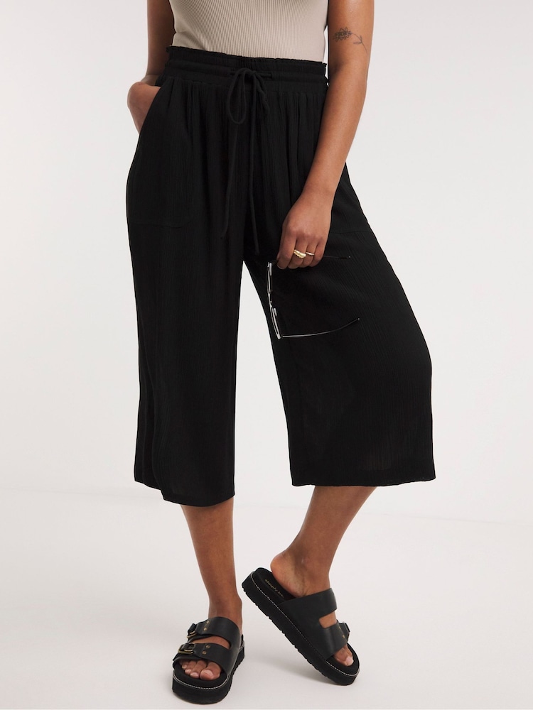 Simply Be Crinkle Tie Waist Wide Leg Black Culottes - Image 2 of 4