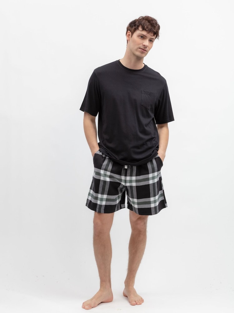 Cyberjammies Black Jersey Top & Lightly Brushed Check Shorts Set - Image 1 of 2