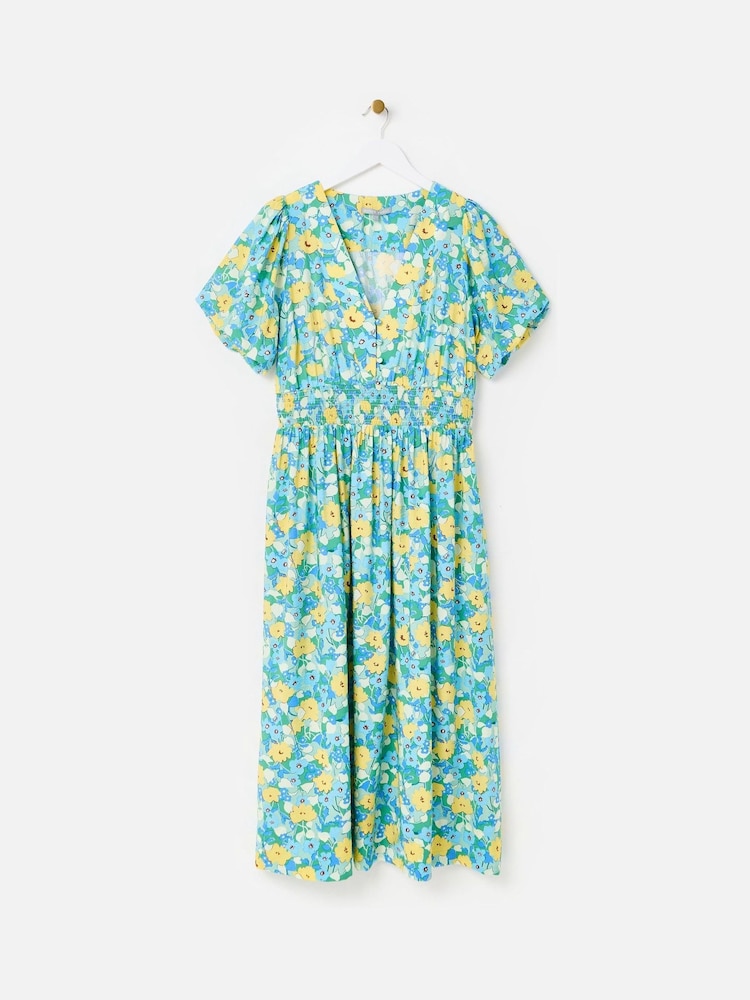 Oliver Bonas Blue/Yellow Floral V-Neck Puff Sleeve Midi Dress - Image 1 of 5 Oliver Bonas Blue/Yellow Floral V-Neck Puff Sleeve Midi Dress - Image 1 of 5