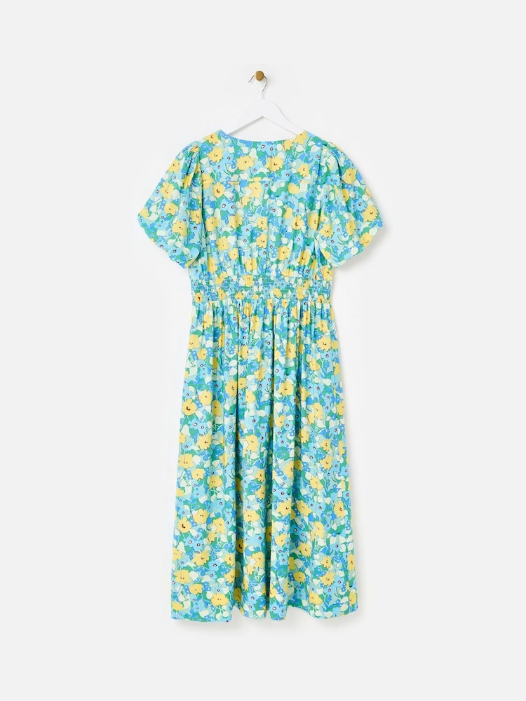 Oliver Bonas Blue/Yellow Floral V-Neck Puff Sleeve Midi Dress - Image 2 of 5 Oliver Bonas Blue/Yellow Floral V-Neck Puff Sleeve Midi Dress - Image 2 of 5
