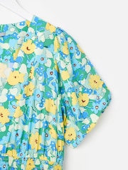 Oliver Bonas Blue/Yellow Floral V-Neck Puff Sleeve Midi Dress - Image 6 of 7