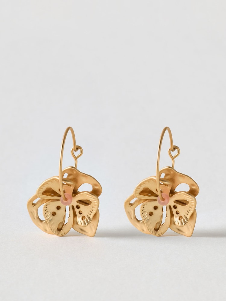 Oliver Bonas Gold Tone Mariam Cut Out Flower Charm Wire Hoop Earrings - Image 1 of 2