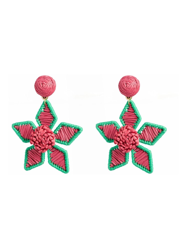 Oliver Bonas Pink Martha Woven Flower Drop Earrings - Image 2 of 2 Oliver Bonas Pink Martha Woven Flower Drop Earrings - Image 2 of 2