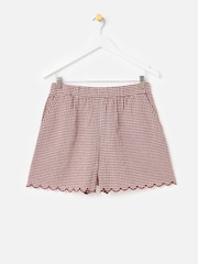 Oliver Bonas Red Burgundy Gingham Scalloped Shorts - Image 1 of 5