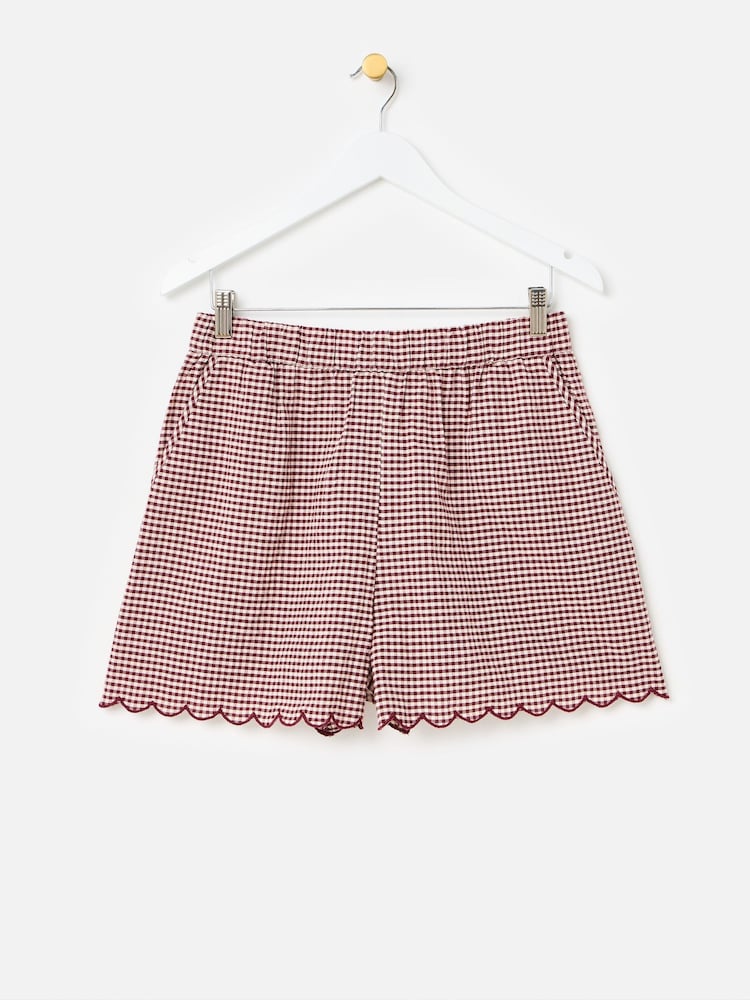 Oliver Bonas Red Burgundy Gingham Scalloped Shorts - Image 1 of 5