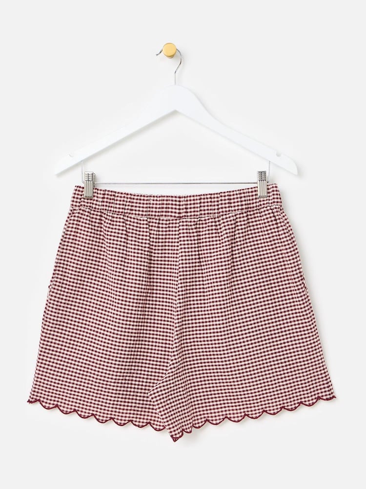 Oliver Bonas Red Burgundy Gingham Scalloped Shorts - Image 2 of 5