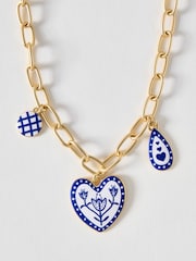 Oliver Bonas Blue Shirley Patterned Heart Charm Necklace - Image 1 of 3