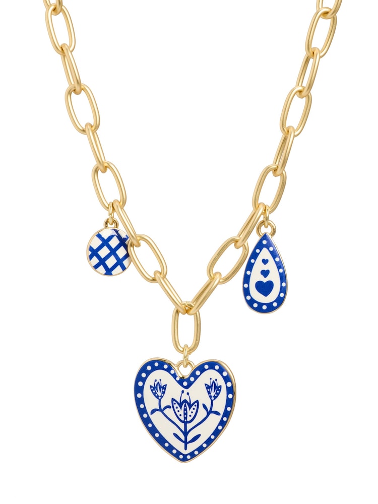 Oliver Bonas Blue Shirley Patterned Heart Charm Necklace - Image 3 of 3 Oliver Bonas Blue Shirley Patterned Heart Charm Necklace - Image 3 of 3