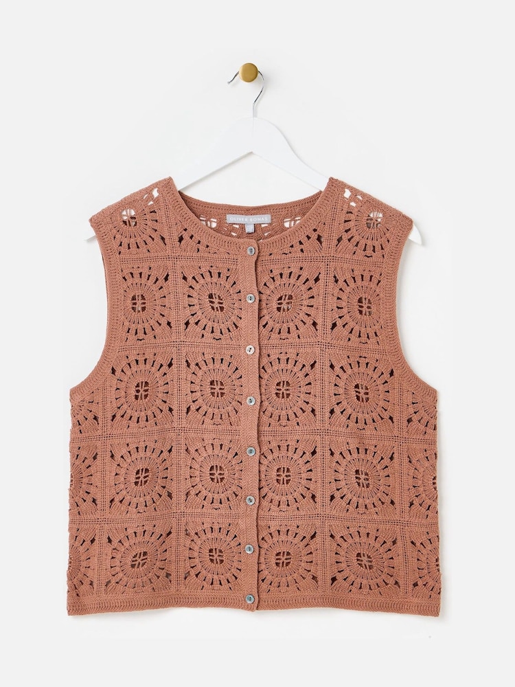 Oliver Bonas Brown Button Up Crochet Waistcoat - Image 1 of 5 Oliver Bonas Brown Button Up Crochet Waistcoat - Image 1 of 5