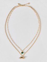 Oliver Bonas Green Leesa Leopard Charm & Stud Double Row Necklace - Image 1 of 3