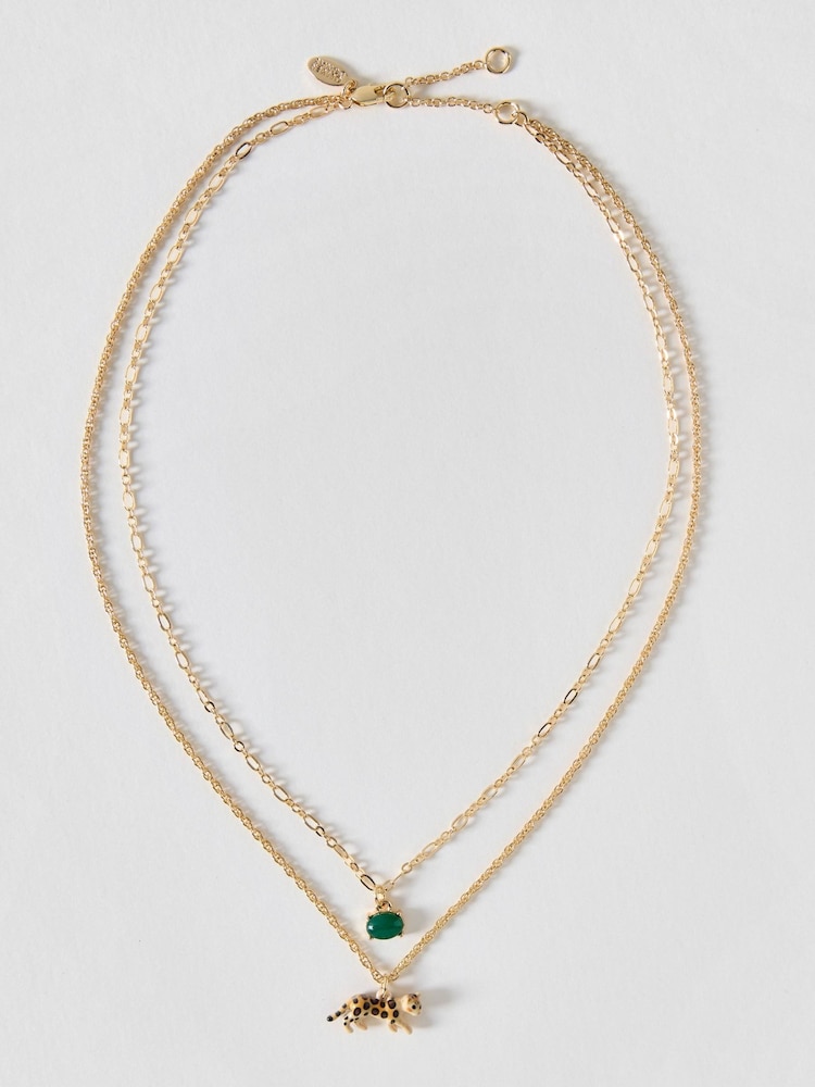 Oliver Bonas Green Leesa Leopard Charm & Stud Double Row Necklace - Image 1 of 3 Oliver Bonas Green Leesa Leopard Charm & Stud Double Row Necklace - Image 1 of 3