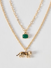 Oliver Bonas Green Leesa Leopard Charm & Stud Double Row Necklace - Image 2 of 3