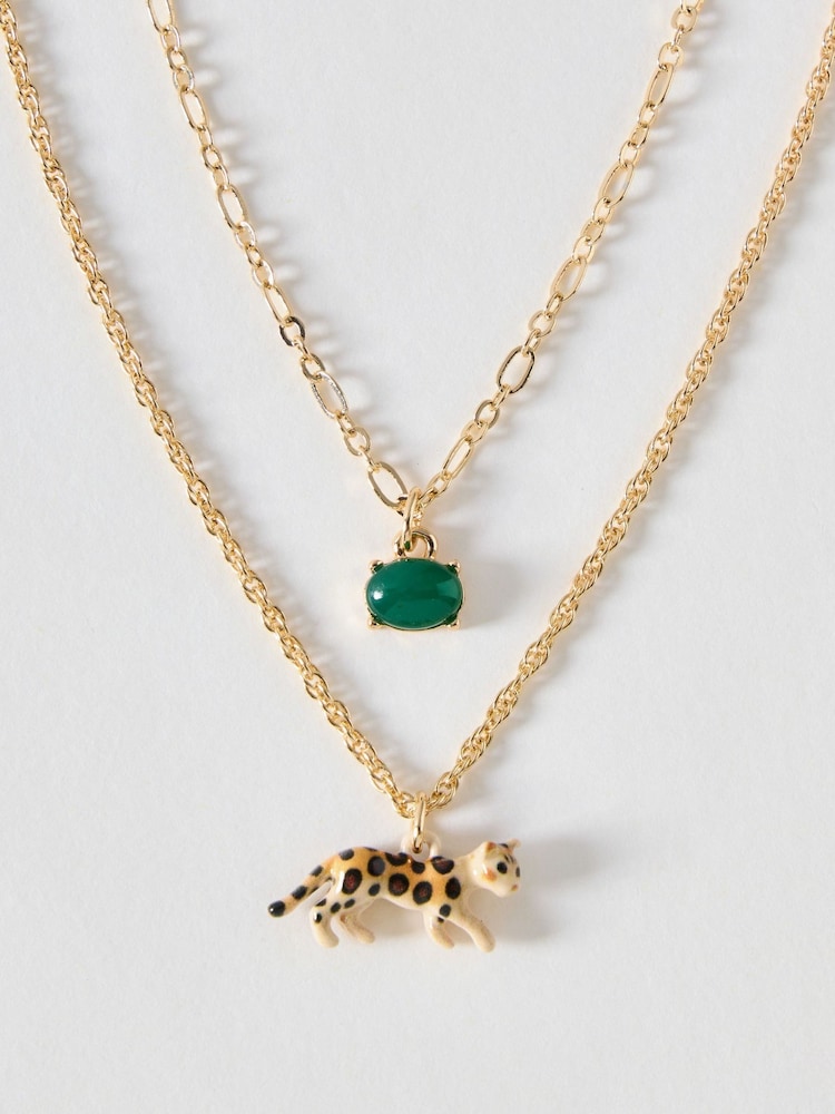 Oliver Bonas Green Leesa Leopard Charm & Stud Double Row Necklace - Image 2 of 3 Oliver Bonas Green Leesa Leopard Charm & Stud Double Row Necklace - Image 2 of 3