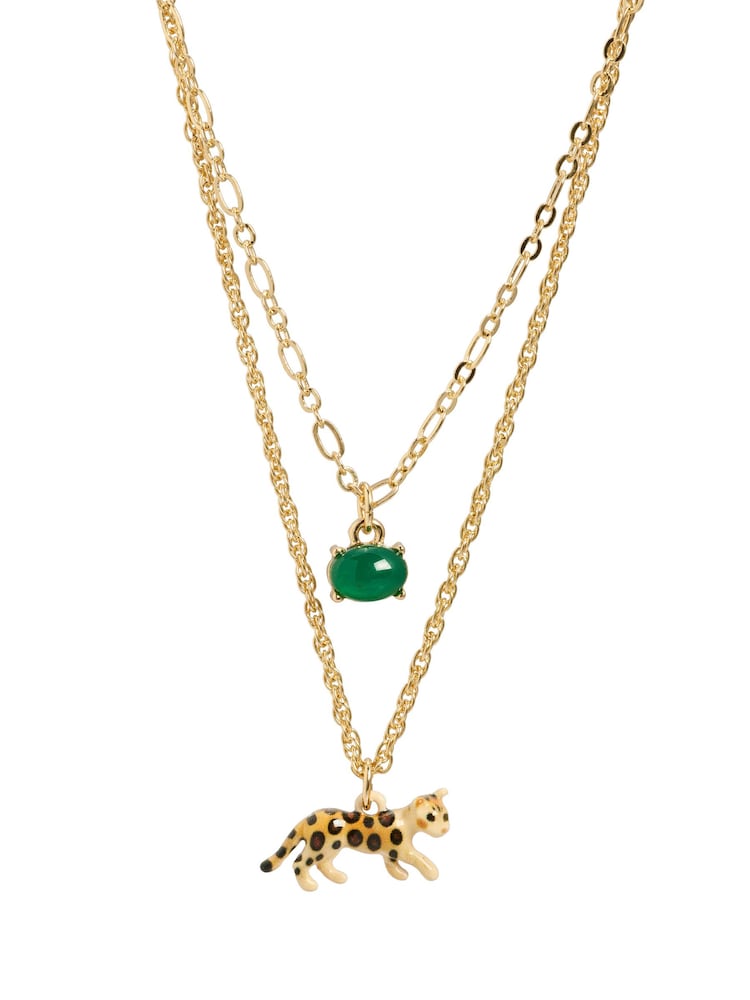 Oliver Bonas Green Leesa Leopard Charm & Stud Double Row Necklace - Image 3 of 3 Oliver Bonas Green Leesa Leopard Charm & Stud Double Row Necklace - Image 3 of 3
