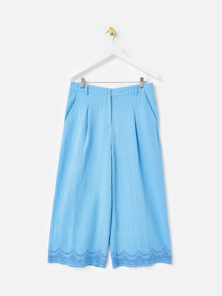 Oliver Bonas Blue Blue Striped Broderie Hem Cropped Wide Leg Trousers - Image 1 of 5 Oliver Bonas Blue Blue Striped Broderie Hem Cropped Wide Leg Trousers - Image 1 of 5