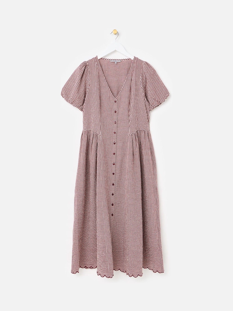Oliver Bonas Red Gingham Button Up V-Neck Midi Dress - Image 1 of 5