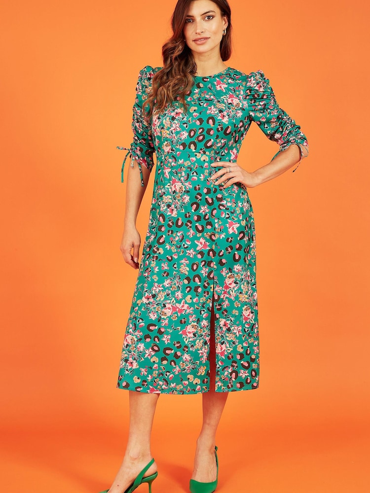 Yumi Green Animal Print Ruched Sleeve Midi Dress - Image 1 of 5
