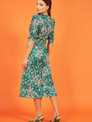Yumi Green Animal Print Ruched Sleeve Midi Dress - Image 2 of 5