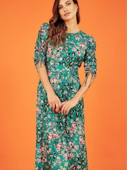 Yumi Green Animal Print Ruched Sleeve Midi Dress - Image 3 of 5