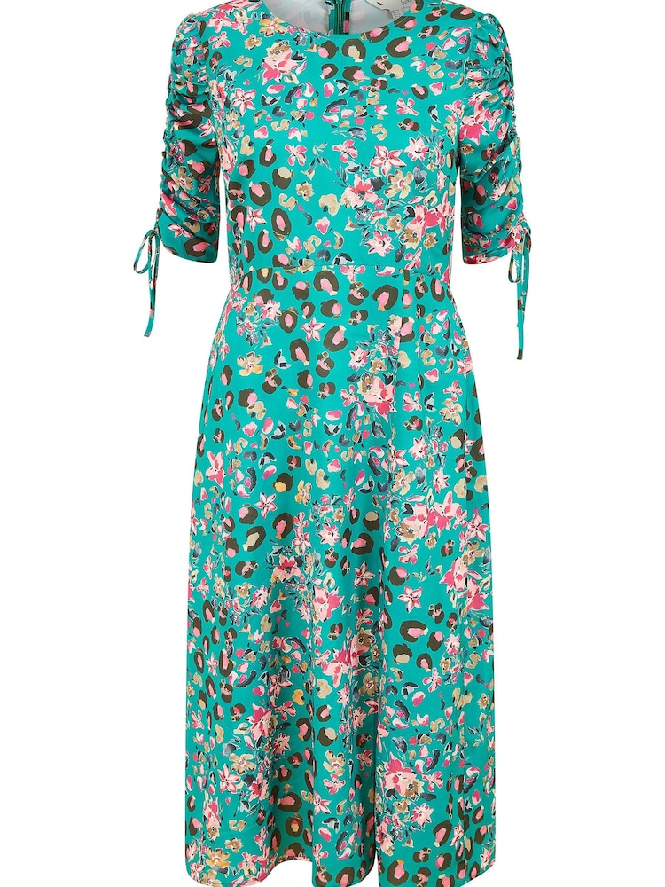Yumi Green Animal Print Ruched Sleeve Midi Dress - Image 5 of 5