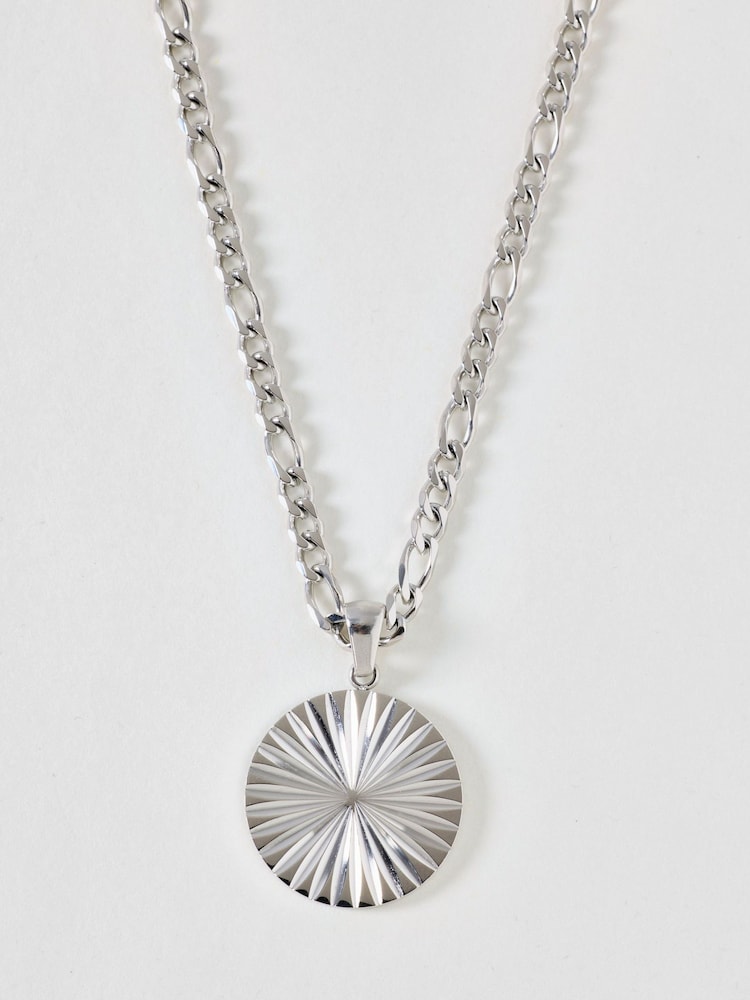 Oliver Bonas Silver Tone Maya Waterproof Etched Disc Pendant Necklace - Image 1 of 3