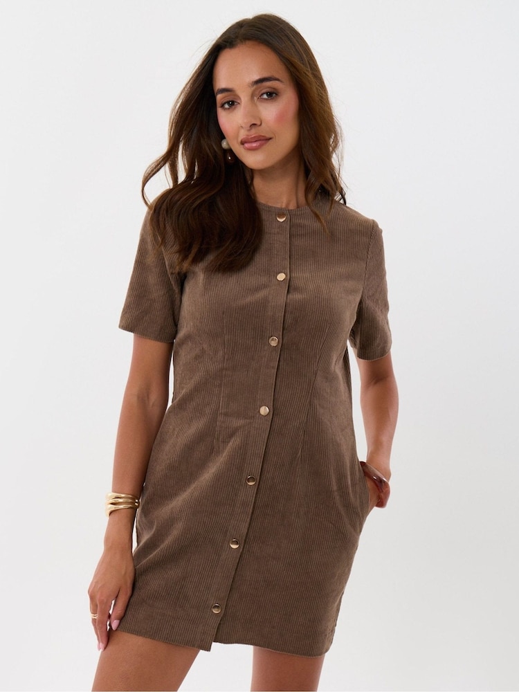 Threadbare Brown Corduroy Button Down Mini Dress - Image 2 of 5 Threadbare Brown Corduroy Button Down Mini Dress - Image 2 of 5