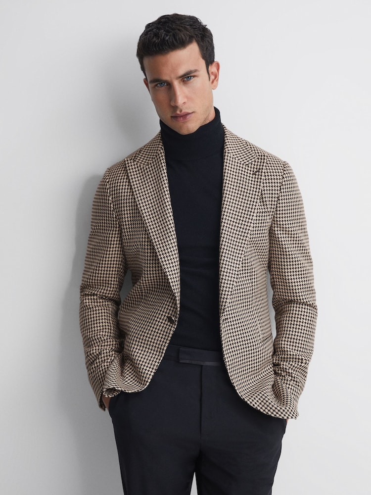Reiss Black/Ivory Gown Slim Fit Single Breasted Dogtooth Blazer - Image 1 of 6