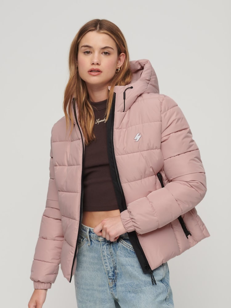 Superdry Pink Hooded Spirit Sports Puffer Jacket - Image 1 of 1