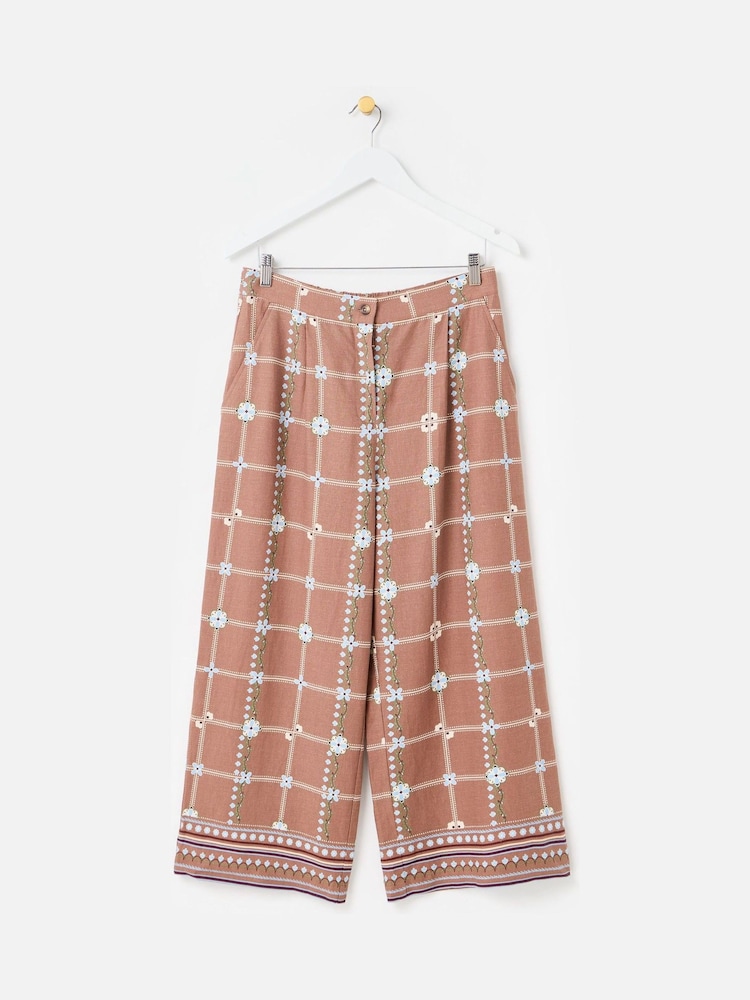 Oliver Bonas Brown Brown Floral Print Cropped Wide Leg Trousers - Image 1 of 5 Oliver Bonas Brown Brown Floral Print Cropped Wide Leg Trousers - Image 1 of 5