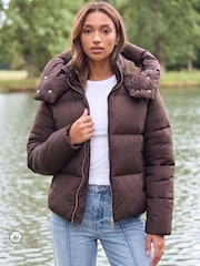 Threadbare Brown Showerproof Funnel Neck Puffer Coat - Image 1 of 5
